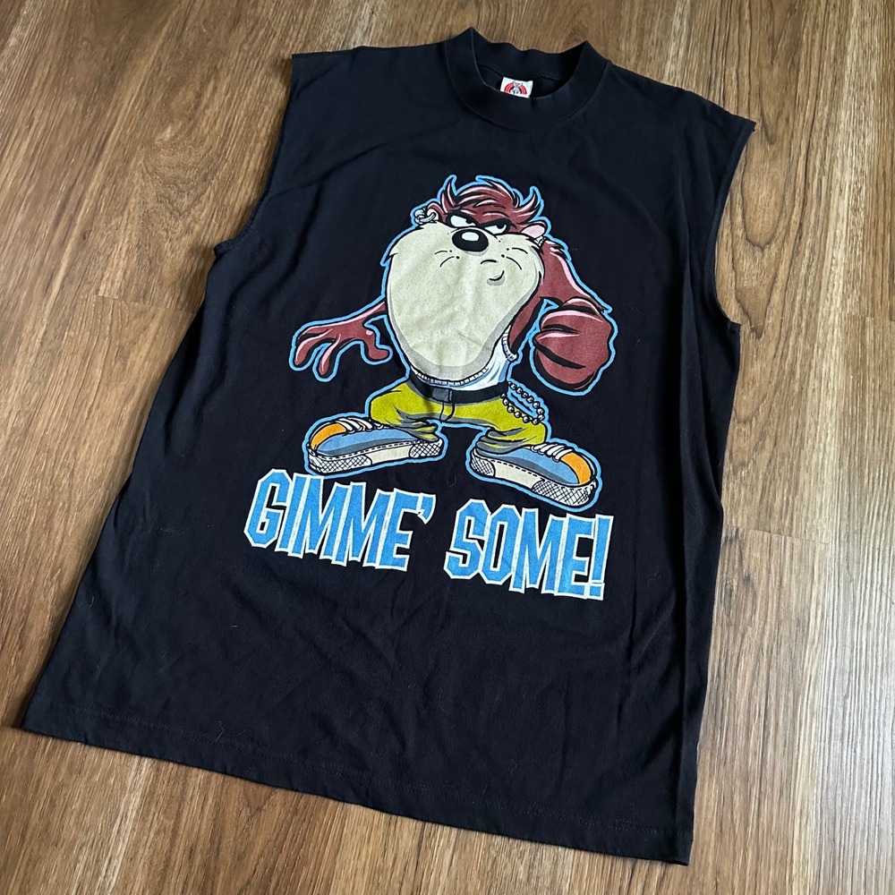 Looney Tunes Muscle Tee Mens Medium Black Good 90s Taz Gimme Some Graphic Tank